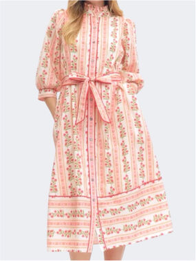 Entro Women’s Floral and Stripe Midi Shirt Dress on Red Size S